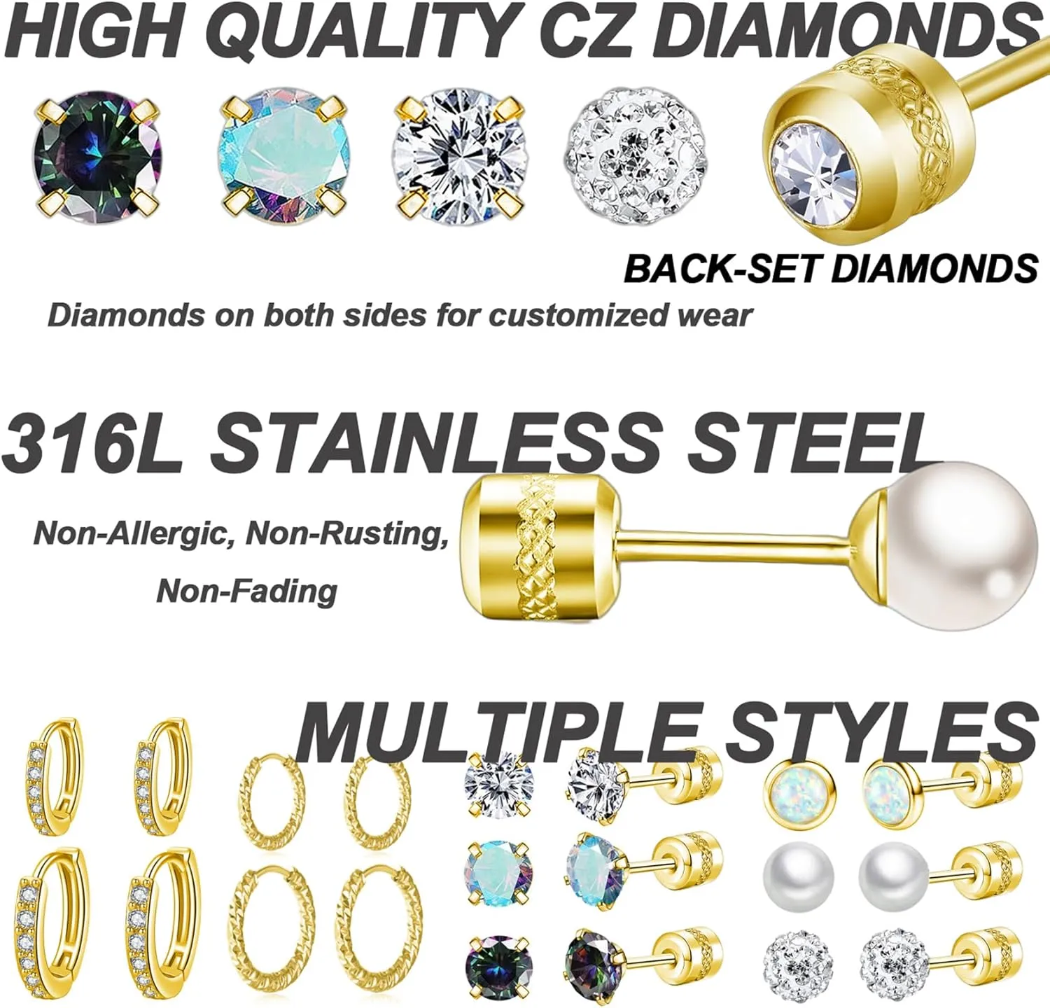 10 Pairs Stainless Steel Stud Earrings Colorful CZ Stud Earrings 20G Stud Earings 10mm 12mm Hoop Earrings Cartilage Earrings For Women Men