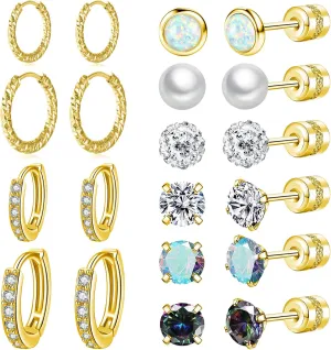 10 Pairs Stainless Steel Stud Earrings Colorful CZ Stud Earrings 20G Stud Earings 10mm 12mm Hoop Earrings Cartilage Earrings For Women Men