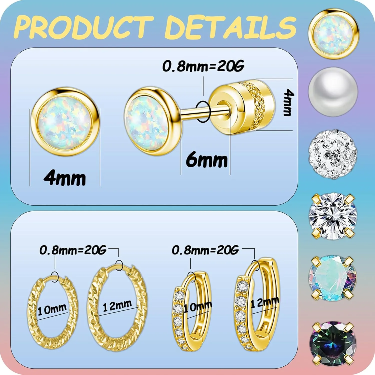 10 Pairs Stainless Steel Stud Earrings Colorful CZ Stud Earrings 20G Stud Earings 10mm 12mm Hoop Earrings Cartilage Earrings For Women Men