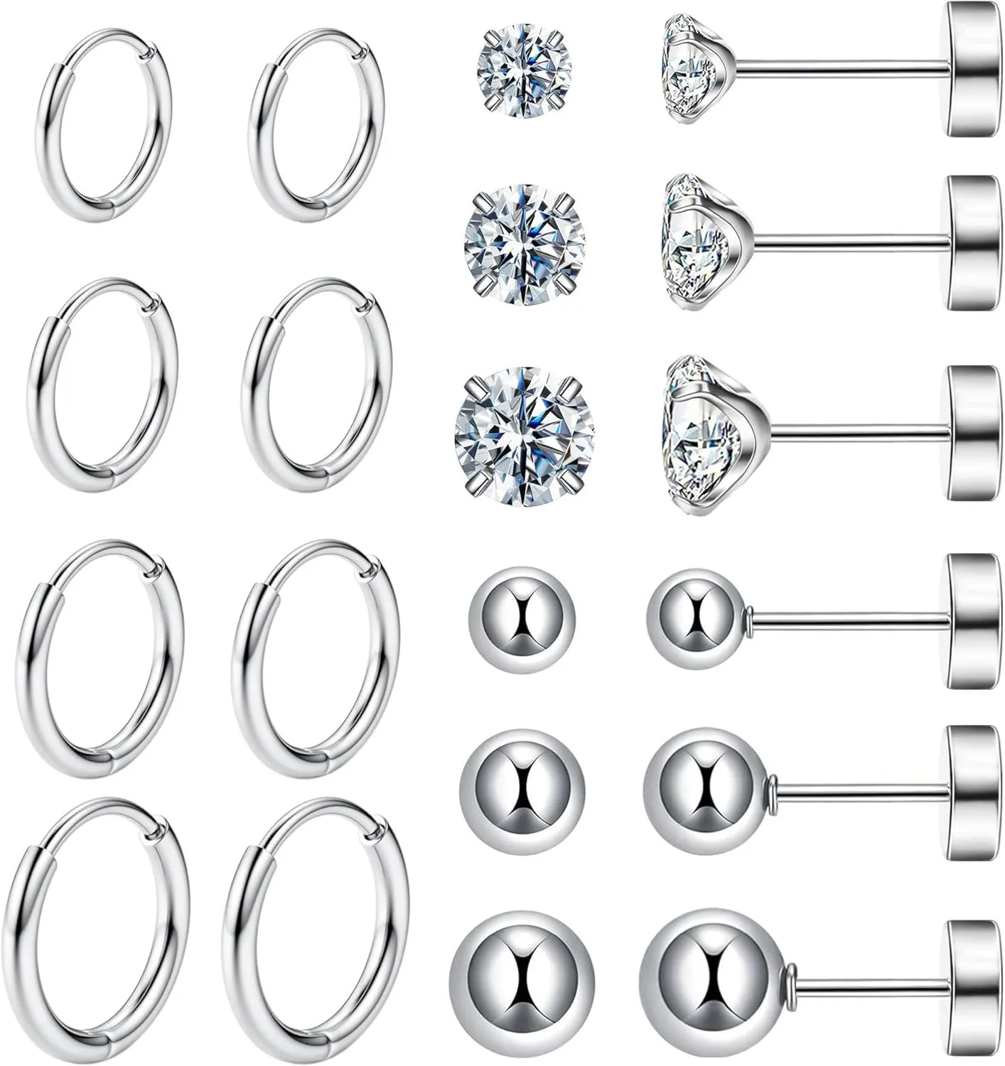 10 Pairs Surgical Steel Earrings Sets for Multiple Piercing, Lightweight Small Huggie Hoop Earrings, Flat Back Tiny Ball CZ Stud Earrings for Cartilage, Helix, Lobe, Hypoallergenic
