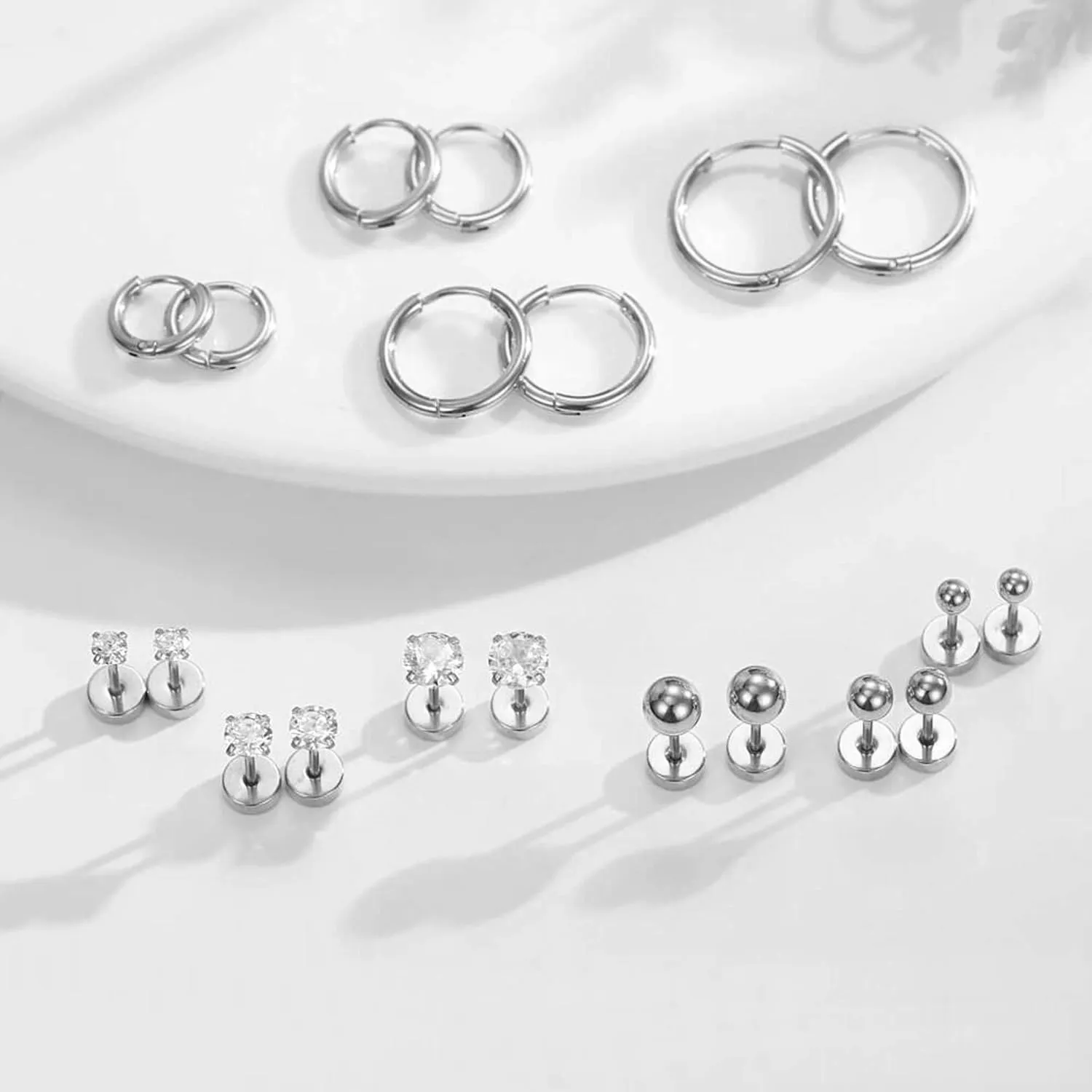 10 Pairs Surgical Steel Earrings Sets for Multiple Piercing, Lightweight Small Huggie Hoop Earrings, Flat Back Tiny Ball CZ Stud Earrings for Cartilage, Helix, Lobe, Hypoallergenic