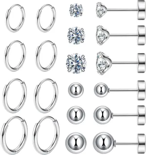 10 Pairs Surgical Steel Earrings Sets for Multiple Piercing, Lightweight Small Huggie Hoop Earrings, Flat Back Tiny Ball CZ Stud Earrings for Cartilage, Helix, Lobe, Hypoallergenic