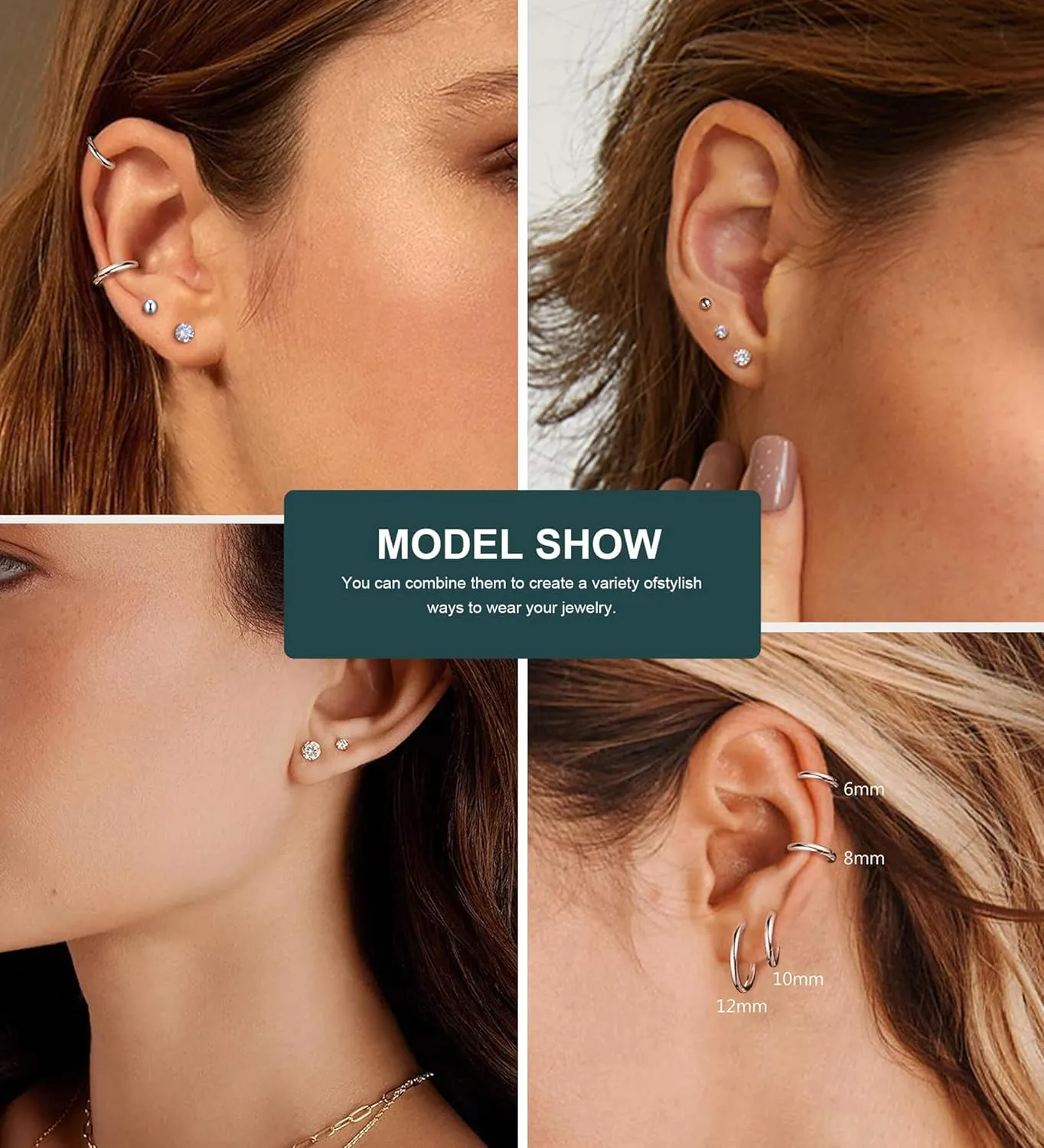 10 Pairs Surgical Steel Earrings Sets for Multiple Piercing, Lightweight Small Huggie Hoop Earrings, Flat Back Tiny Ball CZ Stud Earrings for Cartilage, Helix, Lobe, Hypoallergenic