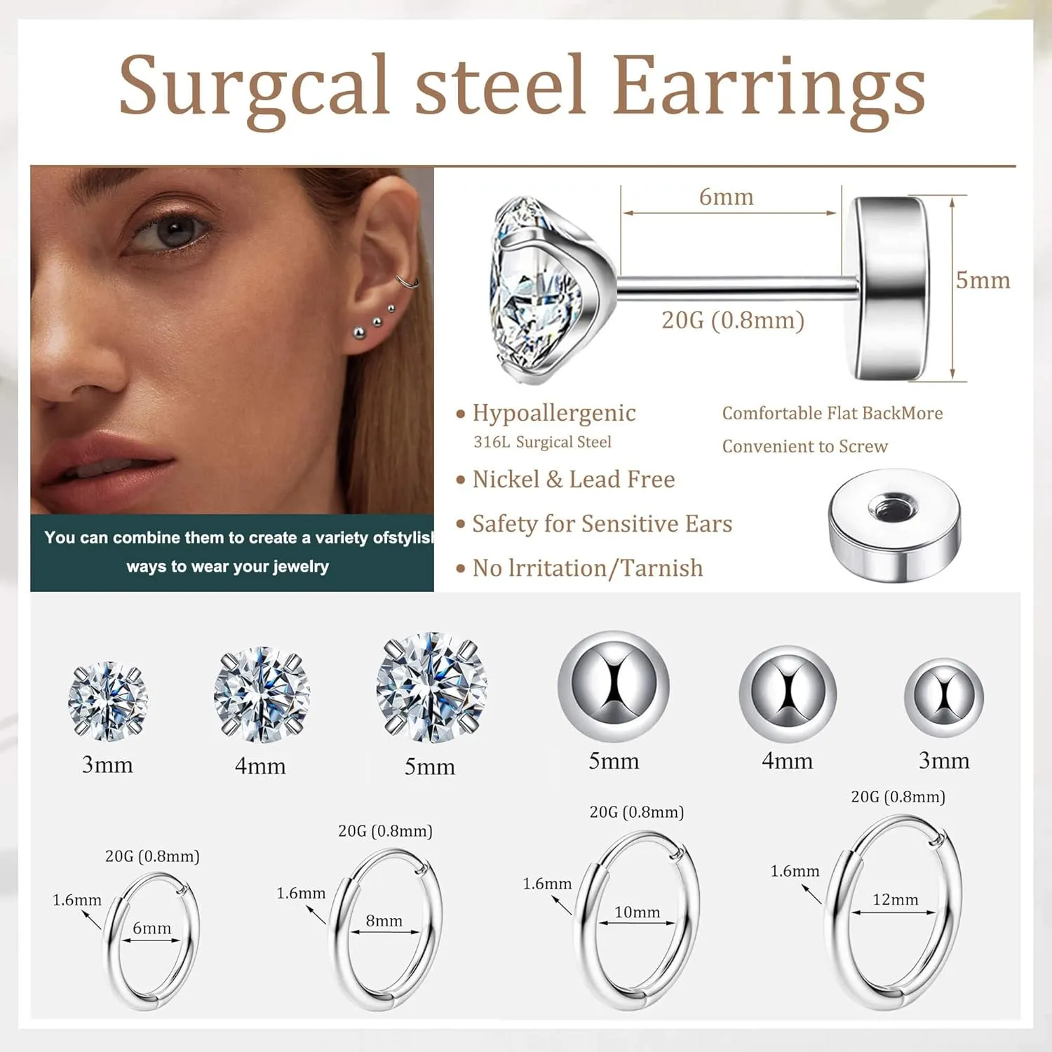 10 Pairs Surgical Steel Earrings Sets for Multiple Piercing, Lightweight Small Huggie Hoop Earrings, Flat Back Tiny Ball CZ Stud Earrings for Cartilage, Helix, Lobe, Hypoallergenic