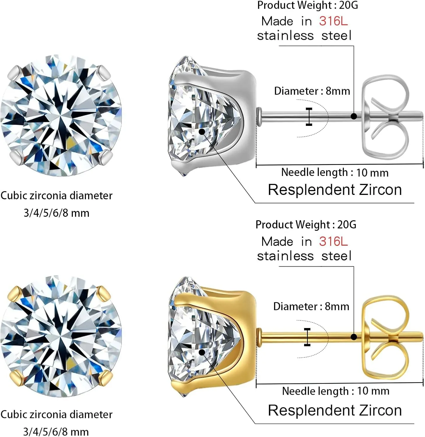 10 Pairs Surgical Steel Stud Earrings Set, Silver and 14K Gold Plated Hypoallergenic Earrings Studs Set for Women, Stainless Steel Cubic Zirconia Waterproof Non Tarnish