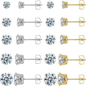 10 Pairs Surgical Steel Stud Earrings Set, Silver and 14K Gold Plated Hypoallergenic Earrings Studs Set for Women, Stainless Steel Cubic Zirconia Waterproof Non Tarnish