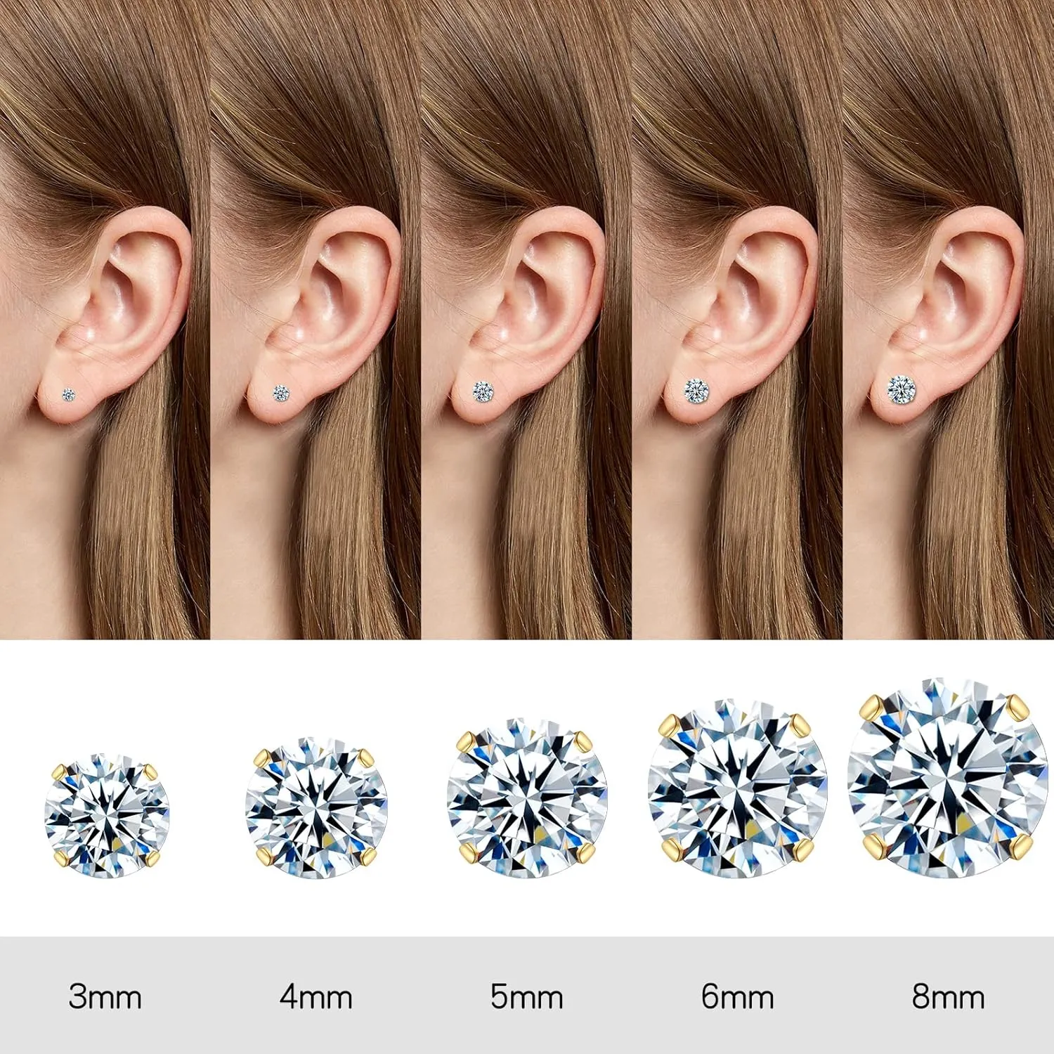 10 Pairs Surgical Steel Stud Earrings Set, Silver and 14K Gold Plated Hypoallergenic Earrings Studs Set for Women, Stainless Steel Cubic Zirconia Waterproof Non Tarnish