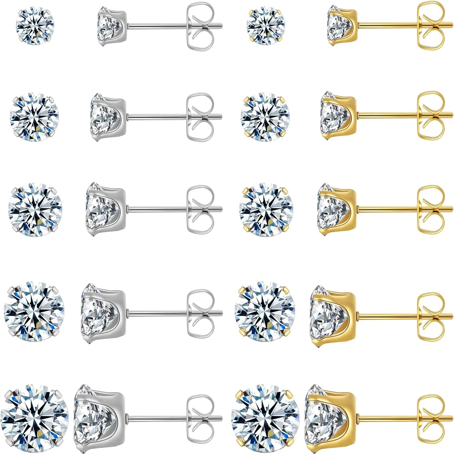 10 Pairs Surgical Steel Stud Earrings Set, Silver and 14K Gold Plated Hypoallergenic Earrings Studs Set for Women, Stainless Steel Cubic Zirconia Waterproof Non Tarnish