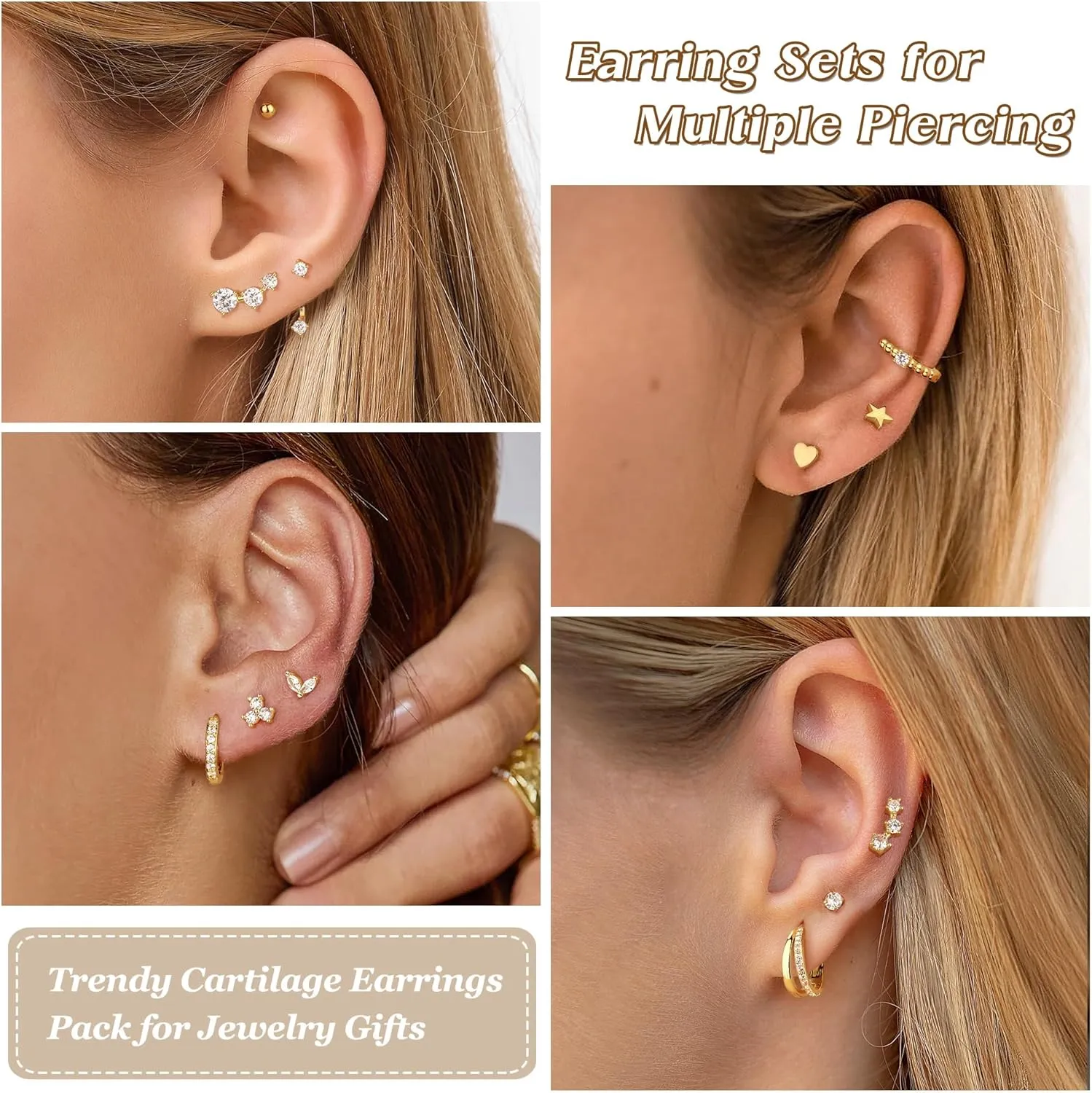 11/12 Pairs Gold Hoop Earrings for Women 14k Gold Plated Small Huggie Hoop Earrings Pack Trendy CZ Cartilage Stud Earrings Set for Multiple Piercings