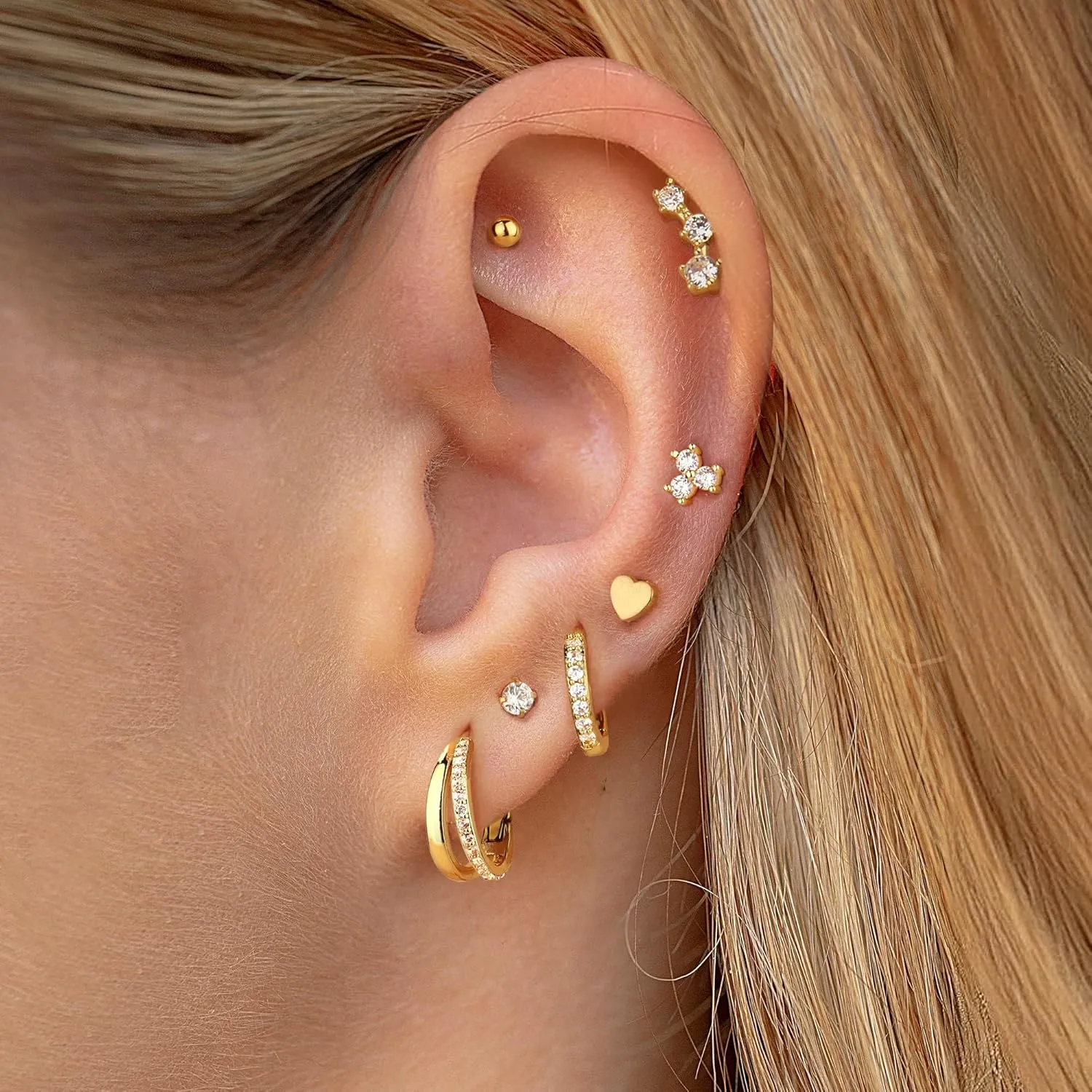 11/12 Pairs Gold Hoop Earrings for Women 14k Gold Plated Small Huggie Hoop Earrings Pack Trendy CZ Cartilage Stud Earrings Set for Multiple Piercings