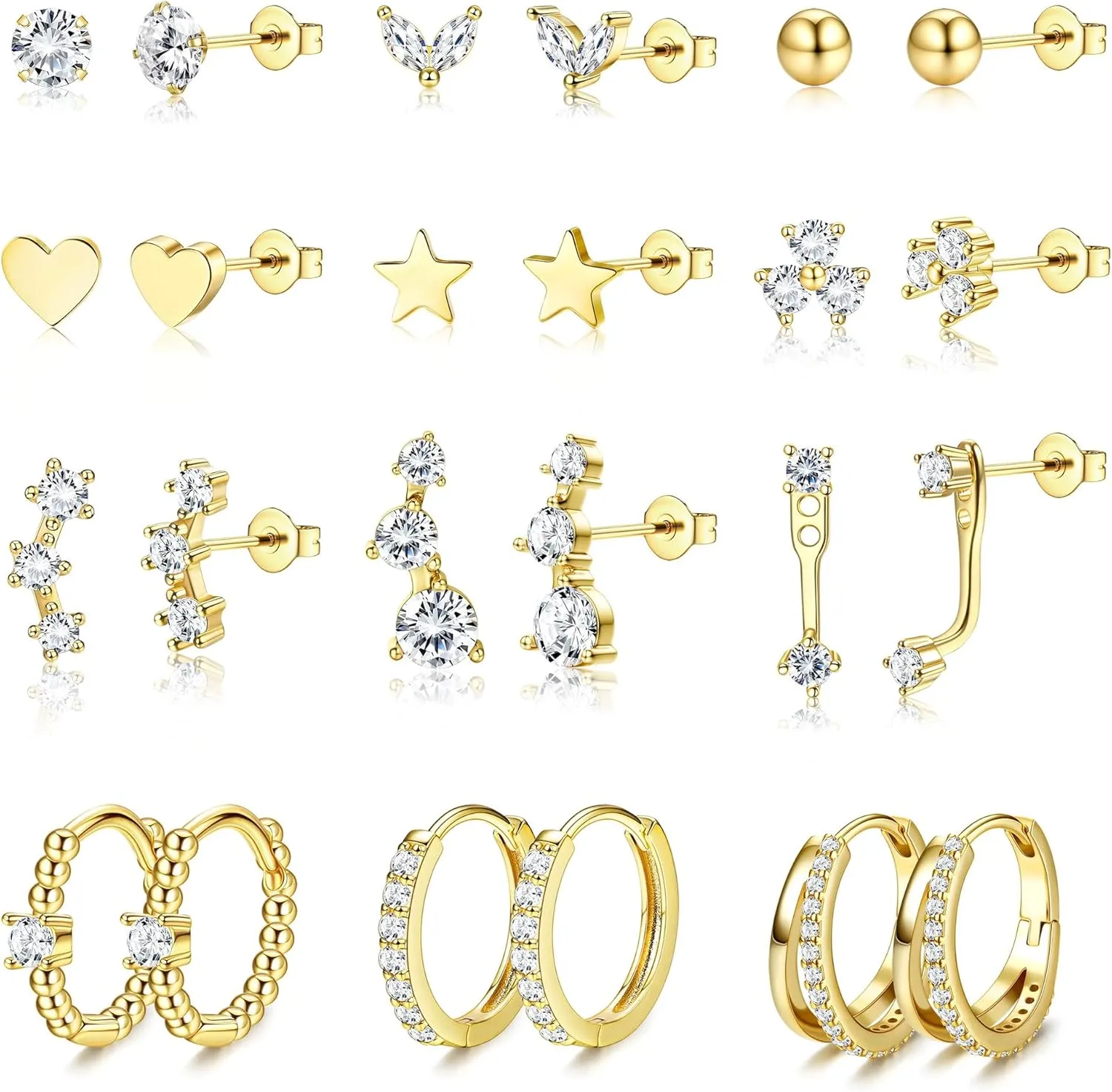 11/12 Pairs Gold Hoop Earrings for Women 14k Gold Plated Small Huggie Hoop Earrings Pack Trendy CZ Cartilage Stud Earrings Set for Multiple Piercings