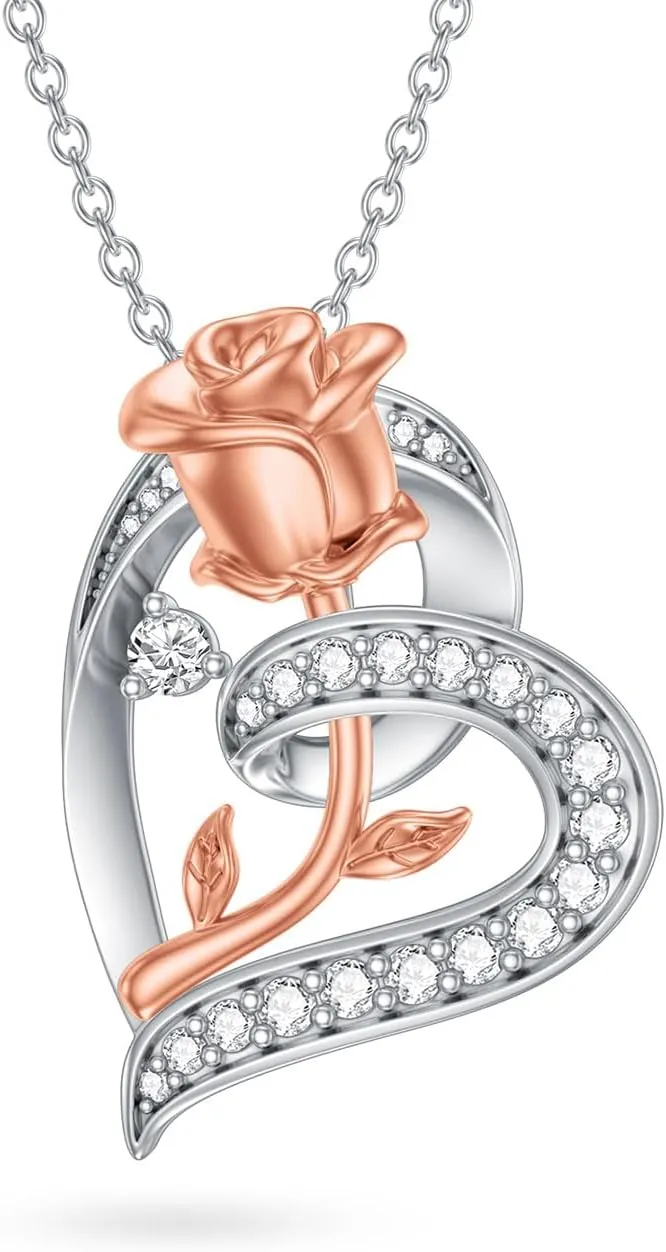 1/14 Carat Diamond Rose Heart Necklace for Women 925 Sterling Silver Rose Flower Pendant Necklaces 18K Gold Plated Fine Jewelry