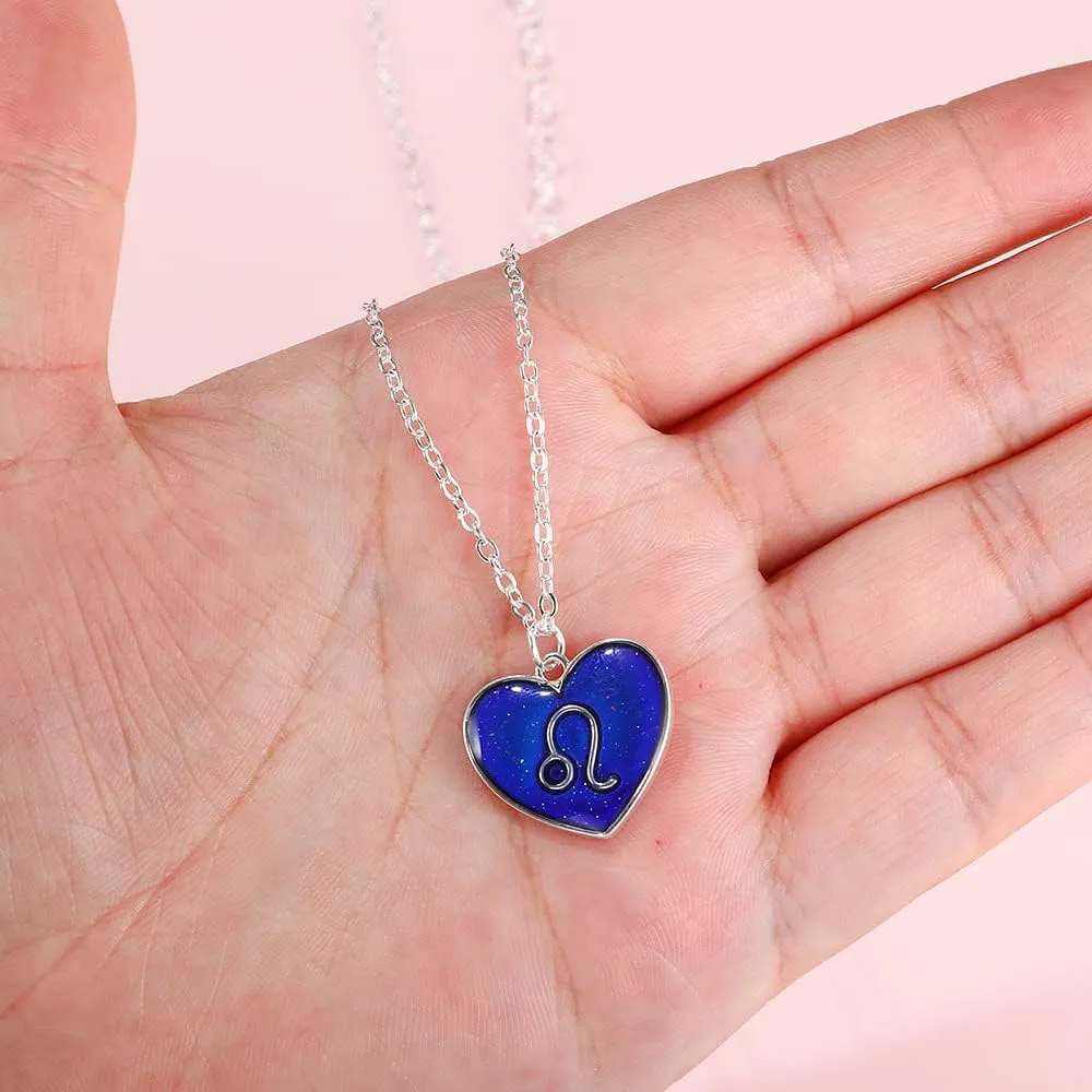 12 Constellation Sign Zodiac Love Heart Shape Pendant Necklace Color Changing Temperature Emotion Sensing Mood for Women Astrology Horoscope BFF Friendship Birthday Jewelry