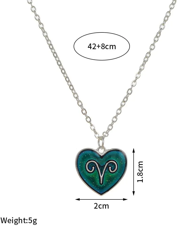 12 Constellation Sign Zodiac Love Heart Shape Pendant Necklace Color Changing Temperature Emotion Sensing Mood for Women Astrology Horoscope BFF Friendship Birthday Jewelry