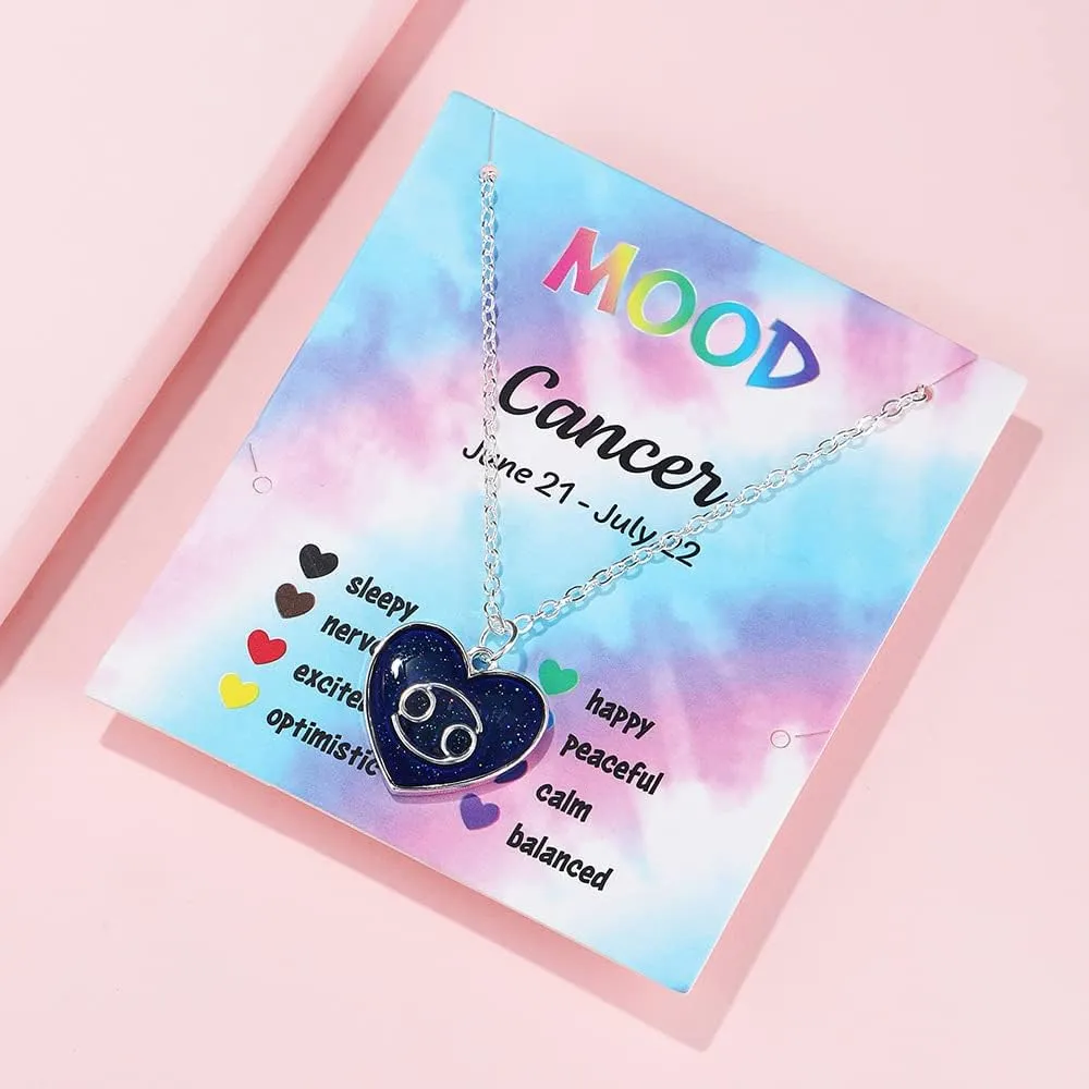 12 Constellation Sign Zodiac Love Heart Shape Pendant Necklace Color Changing Temperature Emotion Sensing Mood for Women Astrology Horoscope BFF Friendship Birthday Jewelry