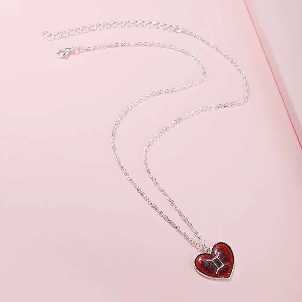 12 Constellation Sign Zodiac Love Heart Shape Pendant Necklace Color Changing Temperature Emotion Sensing Mood for Women Astrology Horoscope BFF Friendship Birthday Jewelry