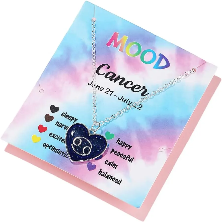 12 Constellation Sign Zodiac Love Heart Shape Pendant Necklace Color Changing Temperature Emotion Sensing Mood for Women Astrology Horoscope BFF Friendship Birthday Jewelry