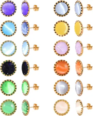 12 Pairs Colored Cat's Eye Gemstone Stud Earrings, 18K Gold Plated Surgical Stainless Steel Multicolor Gem Stone Stud Earrings Set for Women