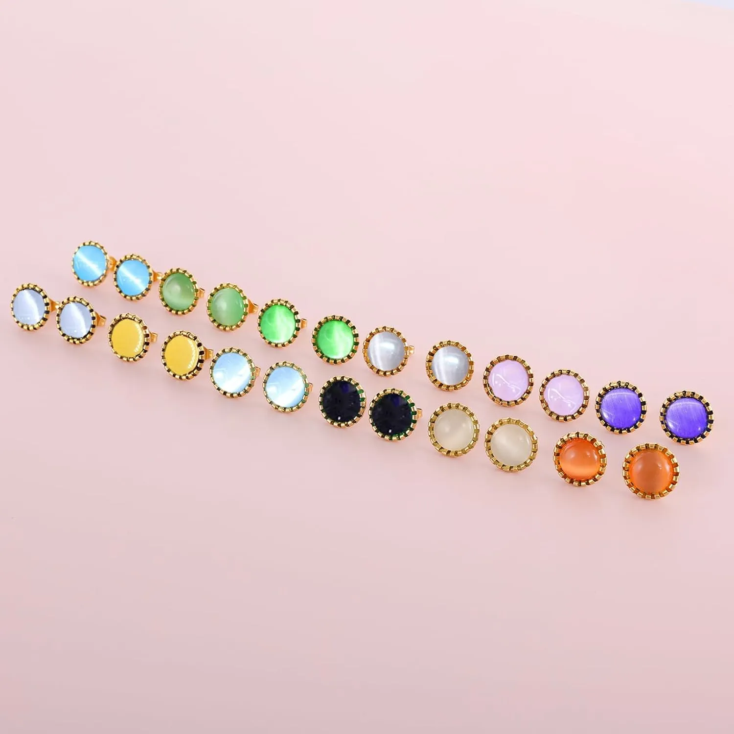 12 Pairs Colored Cat's Eye Gemstone Stud Earrings, 18K Gold Plated Surgical Stainless Steel Multicolor Gem Stone Stud Earrings Set for Women