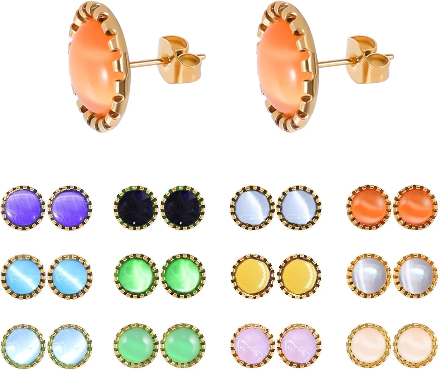 12 Pairs Colored Cat's Eye Gemstone Stud Earrings, 18K Gold Plated Surgical Stainless Steel Multicolor Gem Stone Stud Earrings Set for Women
