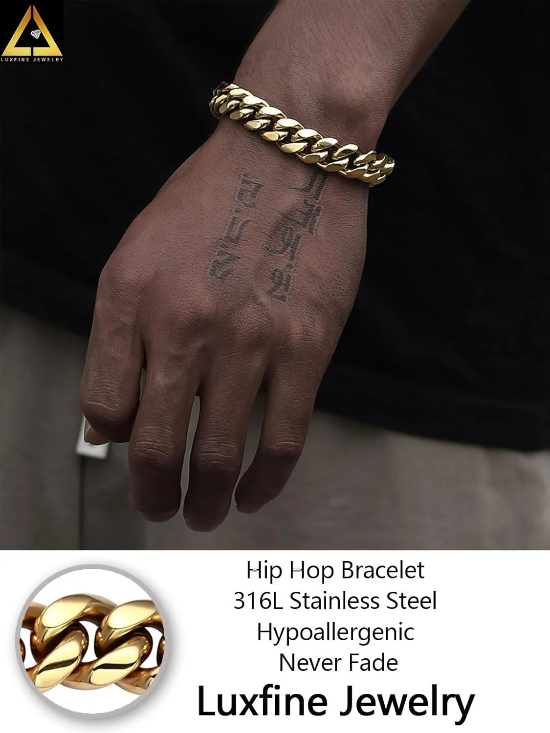 12mm Miami Cuban Link Bracelet 14K REAL Gold Plated Hypoallergenic Premium Stainless Steel Hip Hop Jewelry For Men Women Father Day Birthday Gift (No Color Fade, Double-sided Iced Out Clasp)