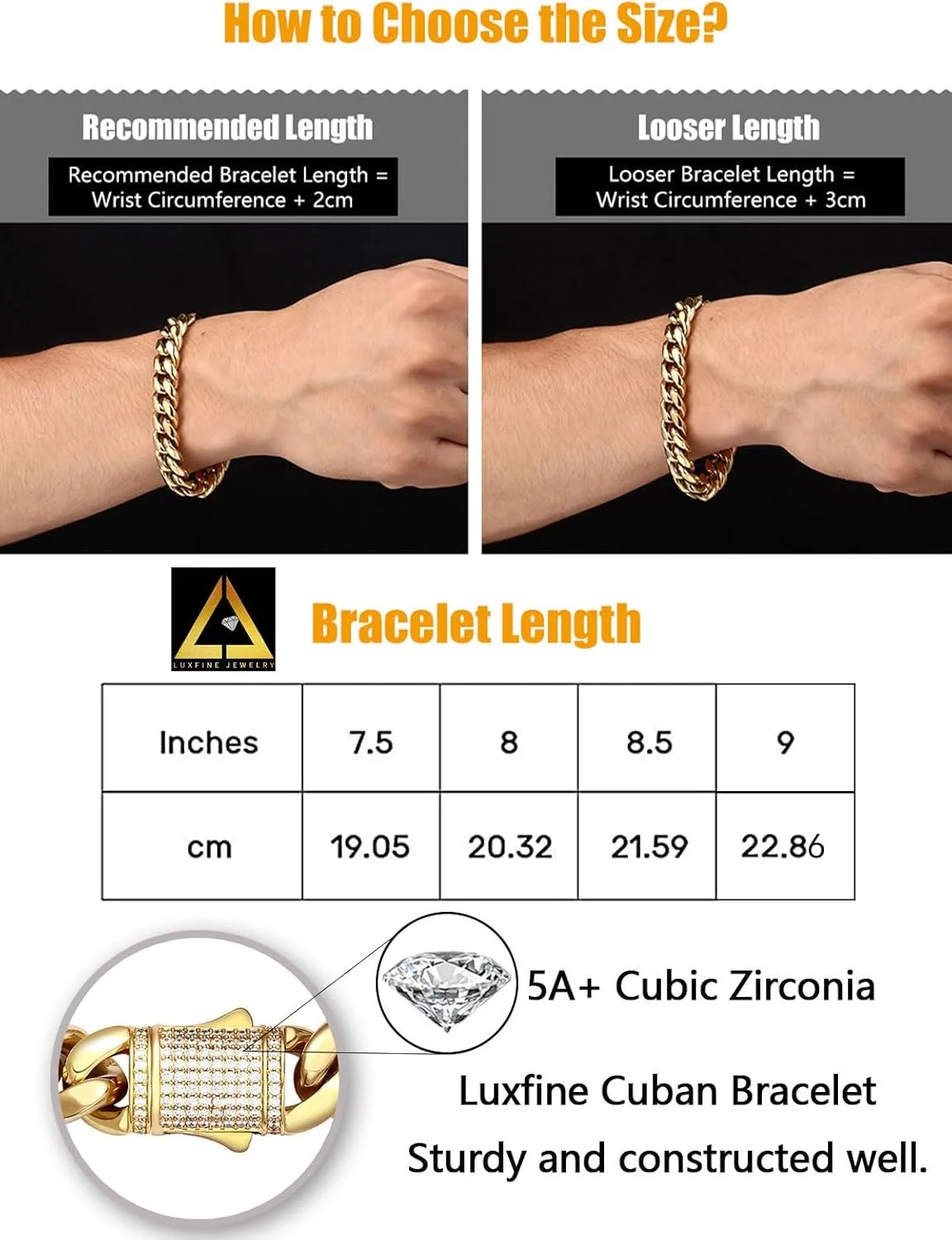 12mm Miami Cuban Link Bracelet 14K REAL Gold Plated Hypoallergenic Premium Stainless Steel Hip Hop Jewelry For Men Women Father Day Birthday Gift (No Color Fade, Double-sided Iced Out Clasp)