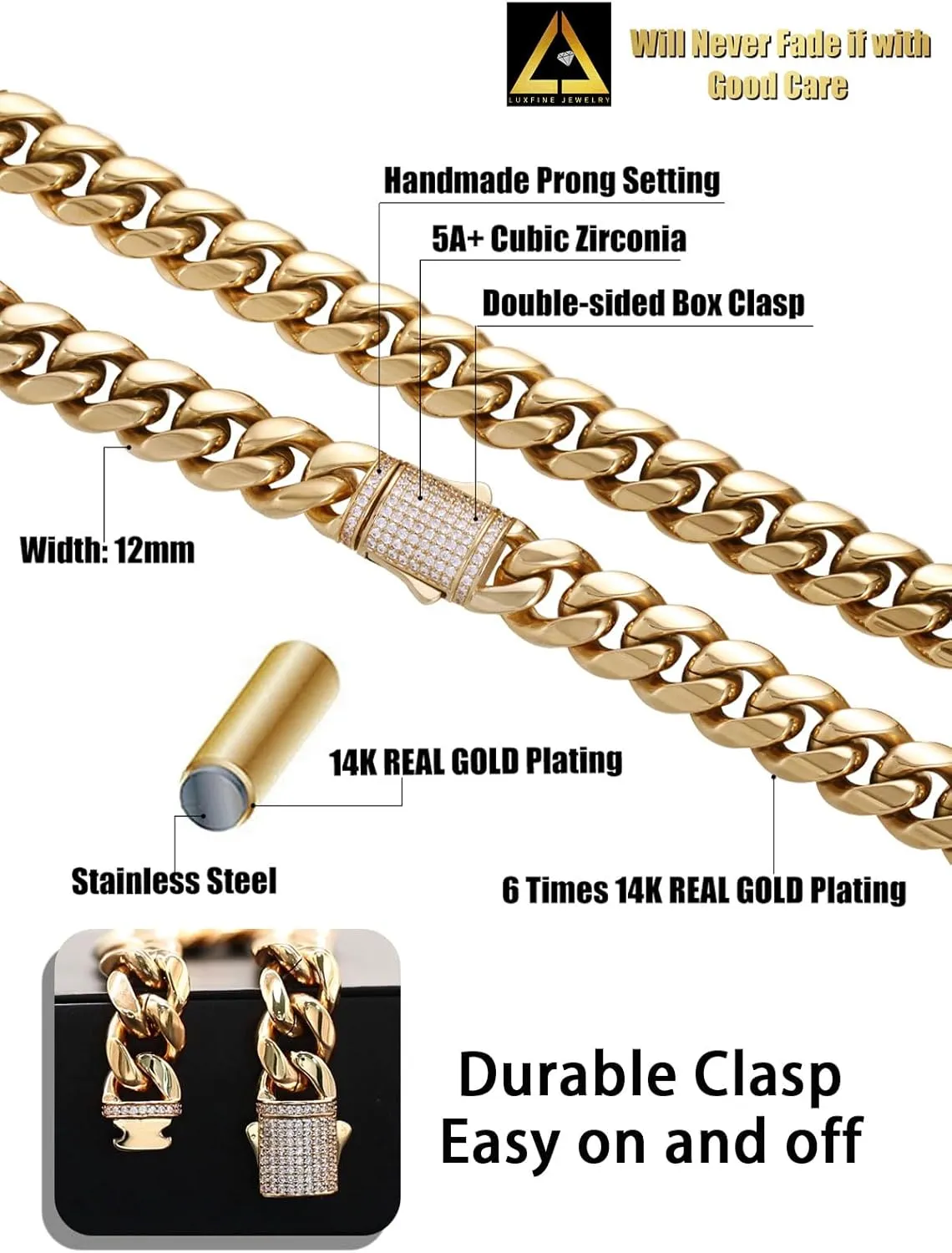 12mm Miami Cuban Link Bracelet 14K REAL Gold Plated Hypoallergenic Premium Stainless Steel Hip Hop Jewelry For Men Women Father Day Birthday Gift (No Color Fade, Double-sided Iced Out Clasp)