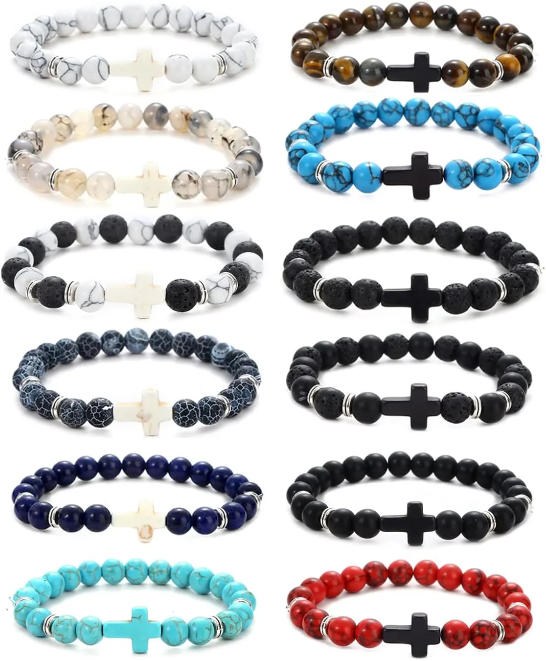 12Pcs Fashion Religion Cross Men Women 8mm Natural Stone Lava Tiger Eye Stretch Anxiety Bracelets Unisex 7.5"