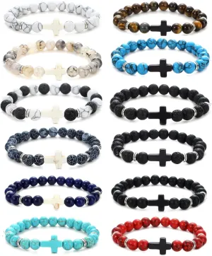 12Pcs Fashion Religion Cross Men Women 8mm Natural Stone Lava Tiger Eye Stretch Anxiety Bracelets Unisex 7.5"