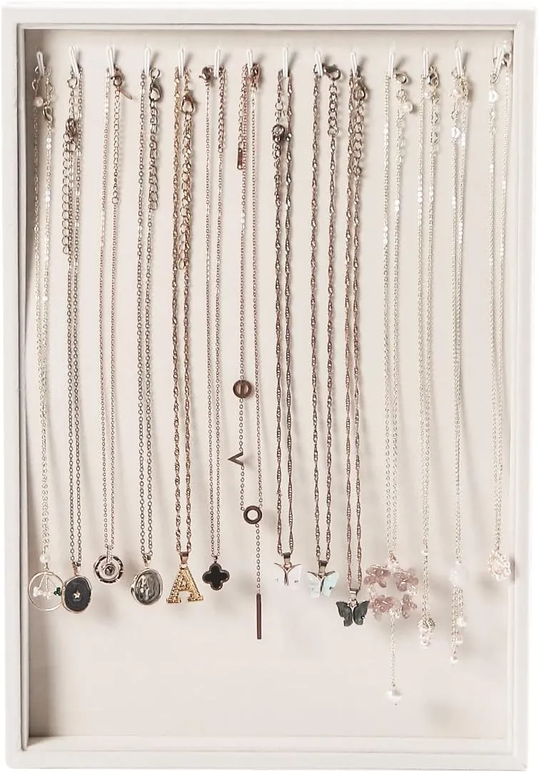 14 Hooks Necklace Holder Organizer Tray,Beige Velvet Necklace Storage Jewelry Displays for Selling.
