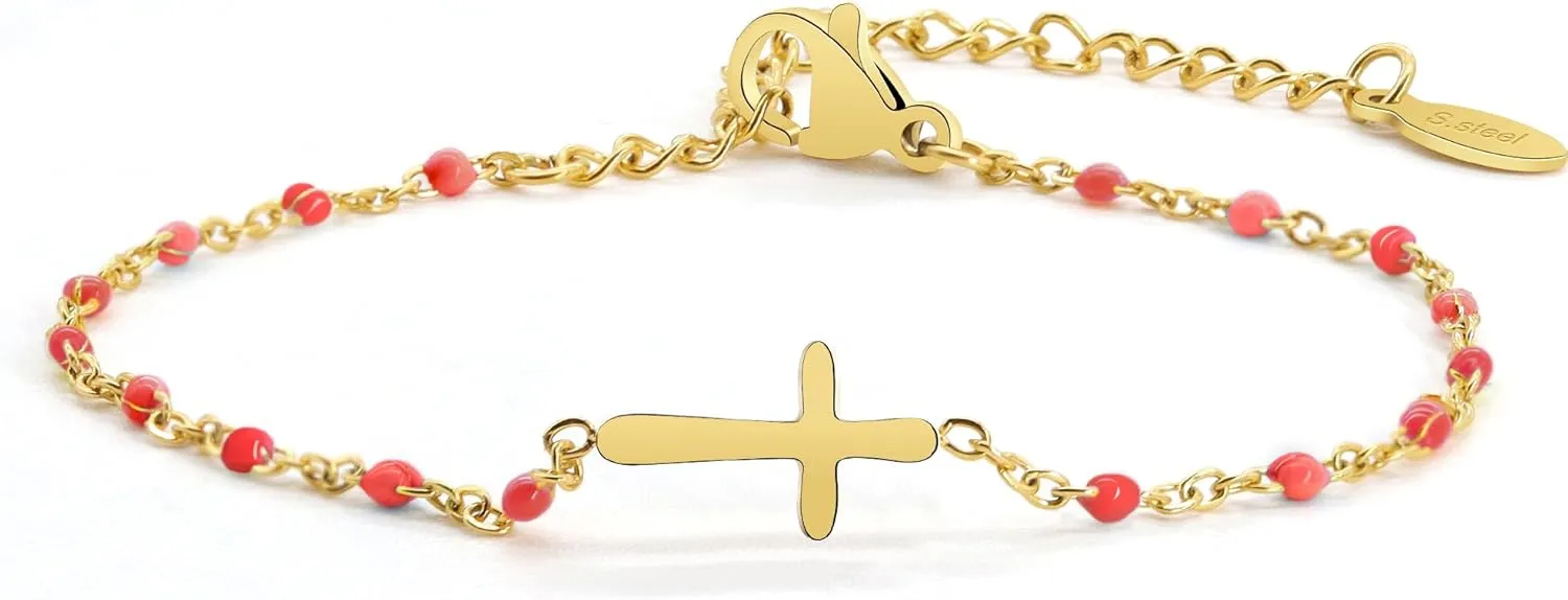 14K Gold Plated Cross Beaded Bracelet for Women, Religious Faith Cross Adjustable Stainless Steel Bracelet Link Chain Bracelet Confirmation Jewelry Gifts for Women