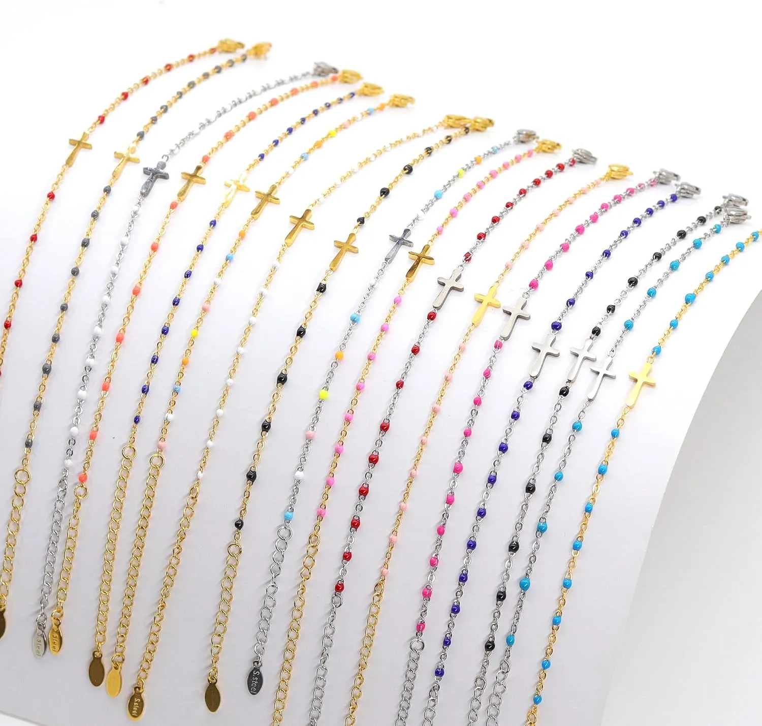 14K Gold Plated Cross Beaded Bracelet for Women, Religious Faith Cross Adjustable Stainless Steel Bracelet Link Chain Bracelet Confirmation Jewelry Gifts for Women