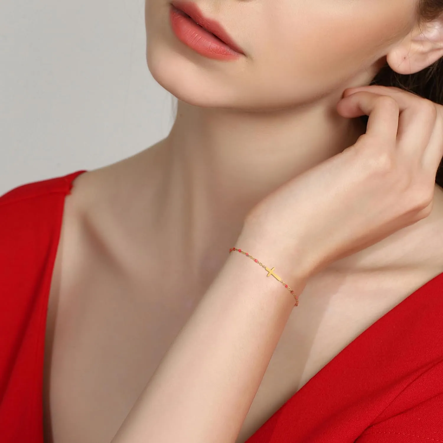 14K Gold Plated Cross Beaded Bracelet for Women, Religious Faith Cross Adjustable Stainless Steel Bracelet Link Chain Bracelet Confirmation Jewelry Gifts for Women