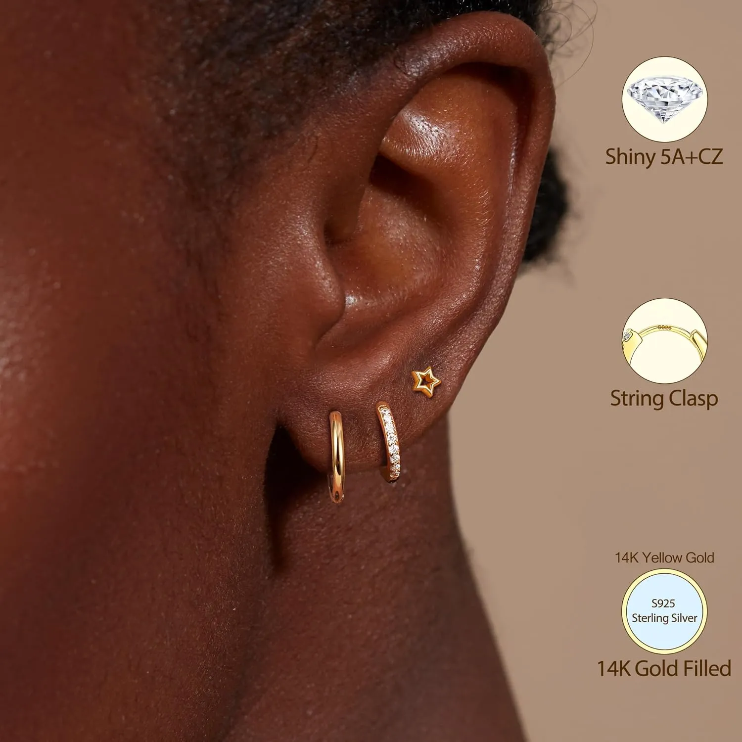 14K Gold Plated Sterling Silver Earrings Set : Small Stud Hoop Earring Stacks for Cartilage Hypoallergenic Earring Sets for Multiple Piercing Dainty Gold Earrings Jewelry for Women 2/3 Pair