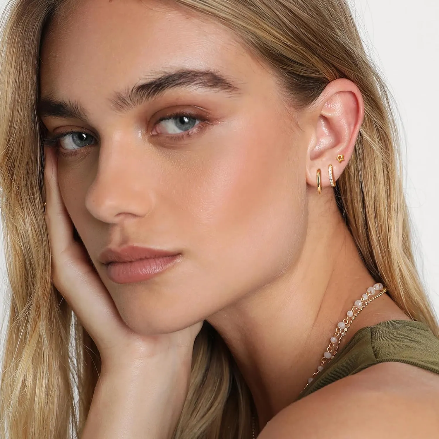 14K Gold Plated Sterling Silver Earrings Set : Small Stud Hoop Earring Stacks for Cartilage Hypoallergenic Earring Sets for Multiple Piercing Dainty Gold Earrings Jewelry for Women 2/3 Pair