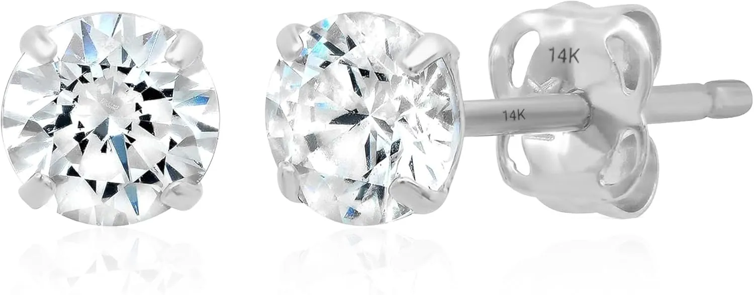 14k Gold Solitaire Round Cubic Zirconia Earrings Studs for Women & Men | Anti Tarnishing CZ Stud Earrings with 14k Gold Butterfly Pushbacks | 4MM-7.5MM by MAX   STONE