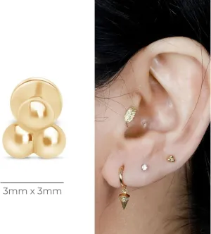 14K Solid Gold Trio Ball Flat Back Stud Earring Cartilage Earring Threaded Upper Lobe Tragus Helix Piercing Jewelry Nose Ring Trinity Triple Minimalist Earring for Upper Ear Piercings SINGLE or PAIR