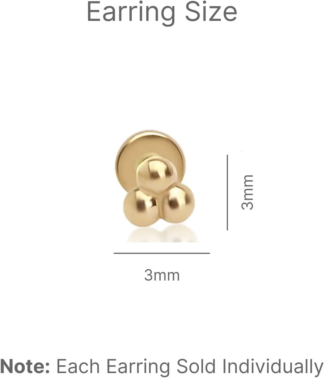 14K Solid Gold Trio Ball Flat Back Stud Earring Cartilage Earring Threaded Upper Lobe Tragus Helix Piercing Jewelry Nose Ring Trinity Triple Minimalist Earring for Upper Ear Piercings SINGLE or PAIR