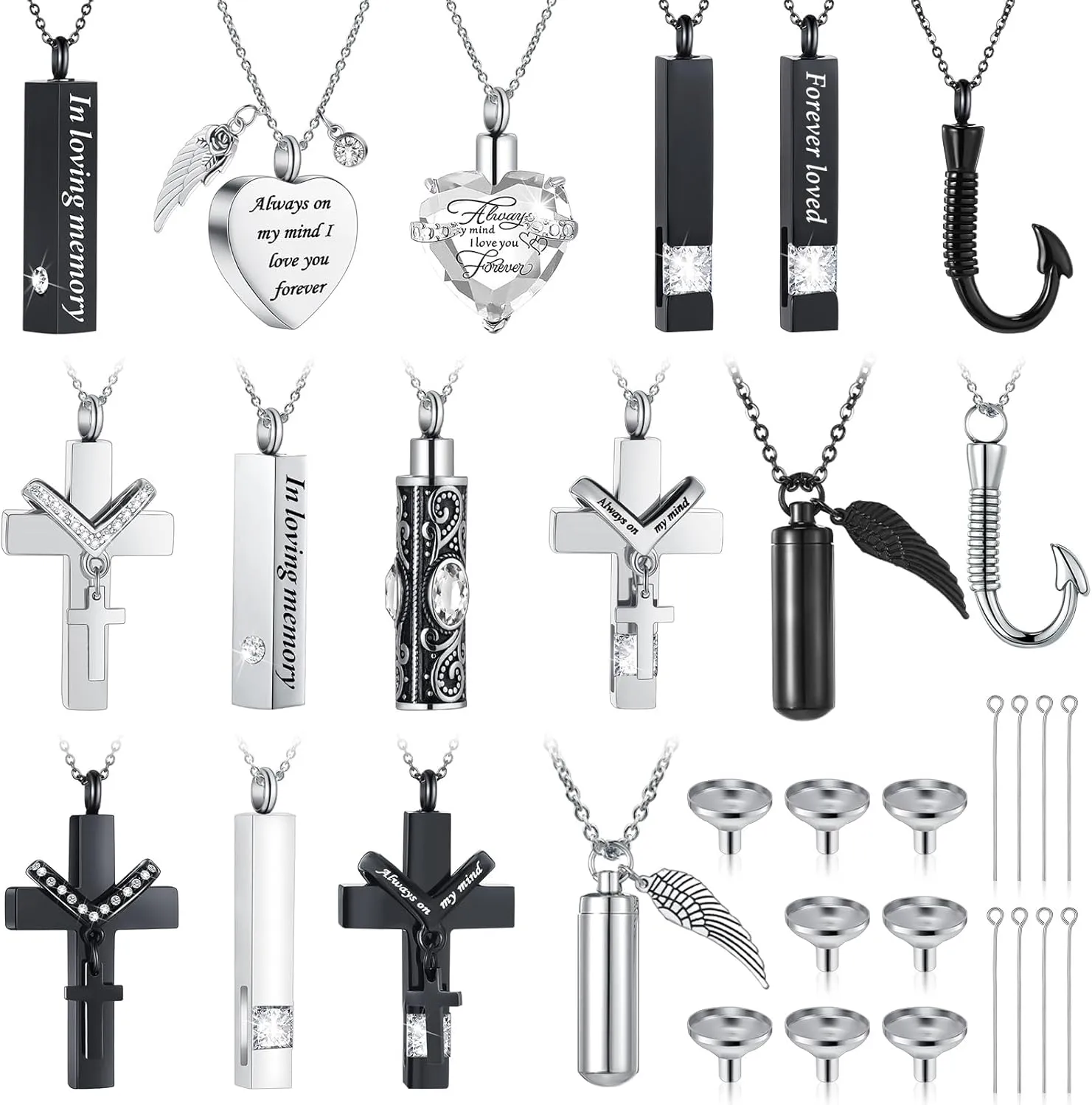 16 Pcs Urn Necklace for Ashes Waterproof Stainless Steel Carved Ashes Locket with 8 Filling Kit Heart Cylinder Cross Cubic Fish Hook Jewelry for Ashes with Wing Diamond for Men Women