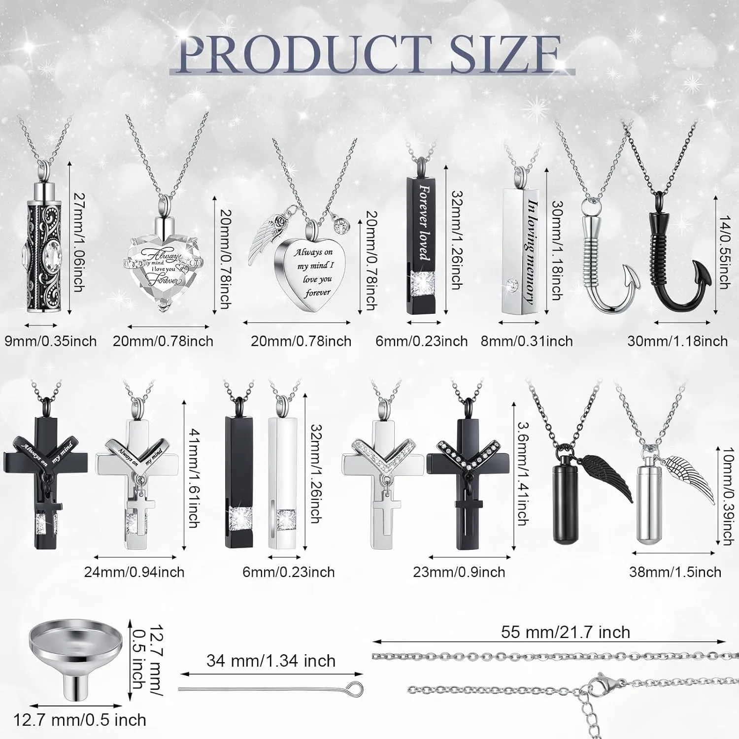 16 Pcs Urn Necklace for Ashes Waterproof Stainless Steel Carved Ashes Locket with 8 Filling Kit Heart Cylinder Cross Cubic Fish Hook Jewelry for Ashes with Wing Diamond for Men Women
