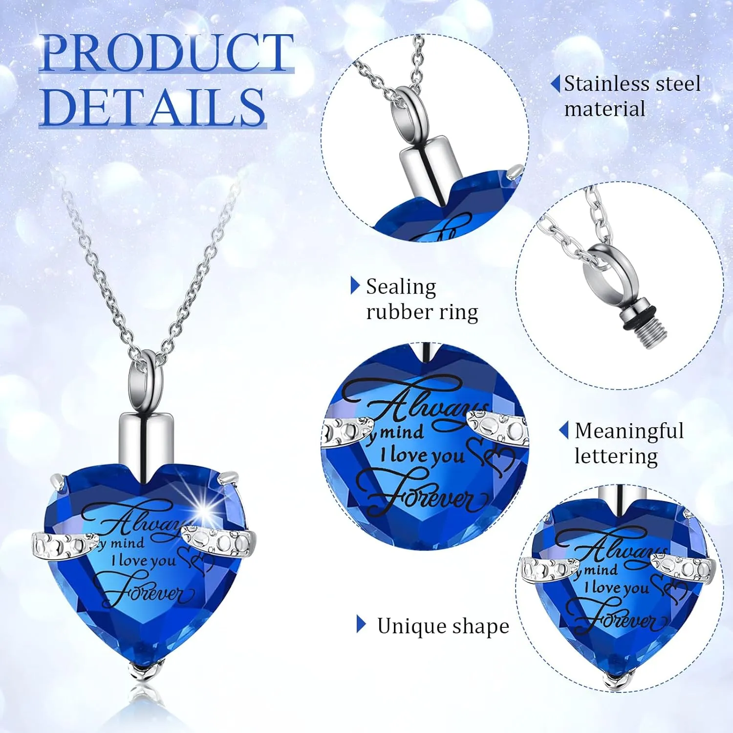 16 Pcs Urn Necklace for Ashes Waterproof Stainless Steel Carved Ashes Locket with 8 Filling Kit Heart Cylinder Cross Cubic Fish Hook Jewelry for Ashes with Wing Diamond for Men Women