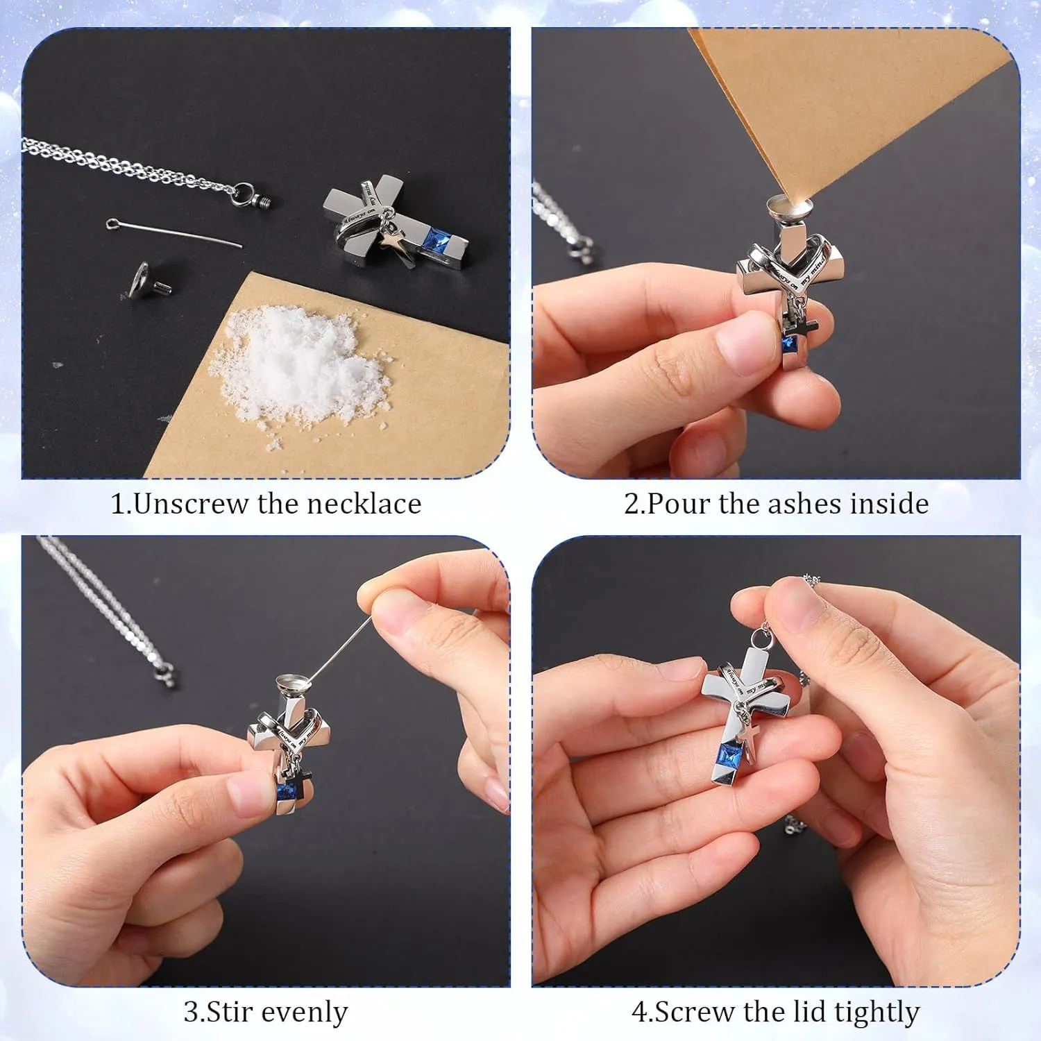 16 Pcs Urn Necklace for Ashes Waterproof Stainless Steel Carved Ashes Locket with 8 Filling Kit Heart Cylinder Cross Cubic Fish Hook Jewelry for Ashes with Wing Diamond for Men Women