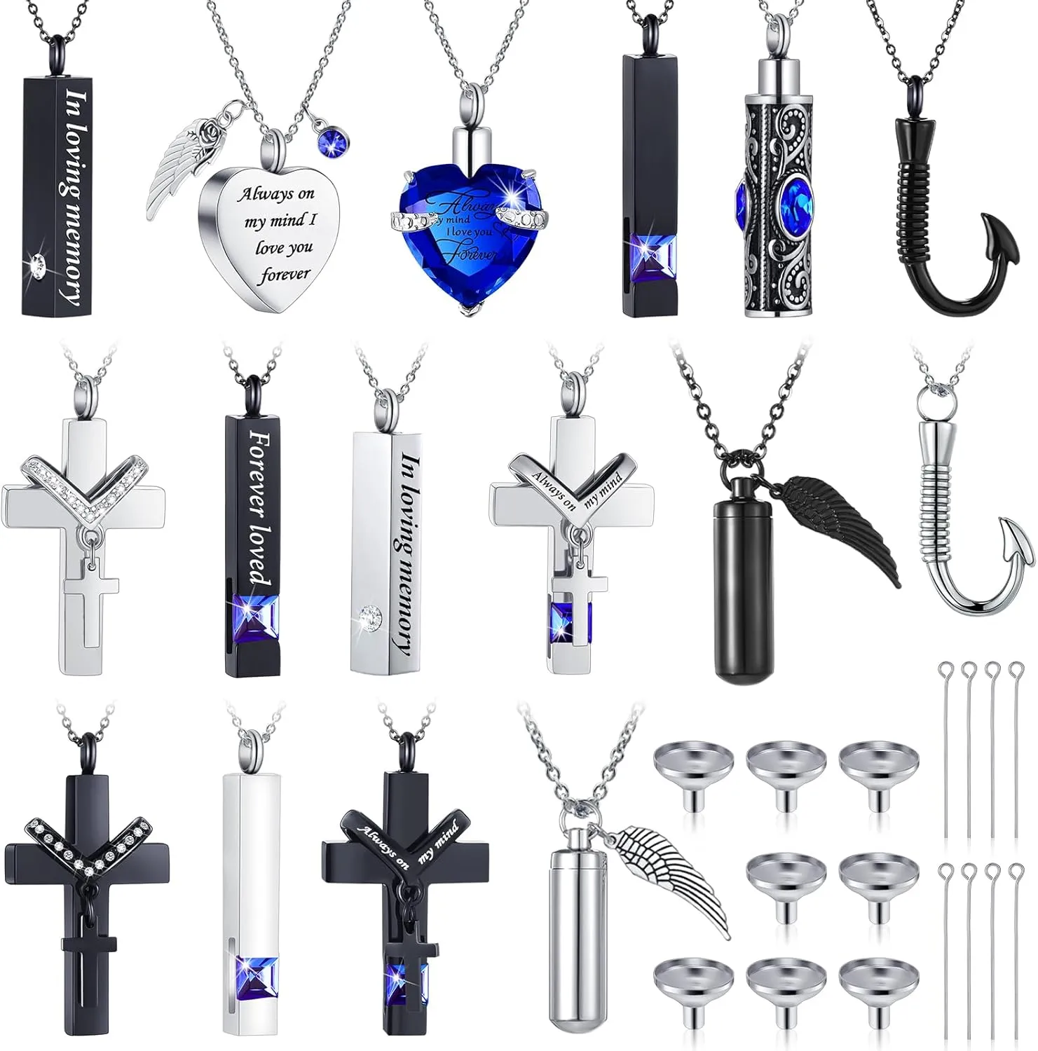16 Pcs Urn Necklace for Ashes Waterproof Stainless Steel Carved Ashes Locket with 8 Filling Kit Heart Cylinder Cross Cubic Fish Hook Jewelry for Ashes with Wing Diamond for Men Women