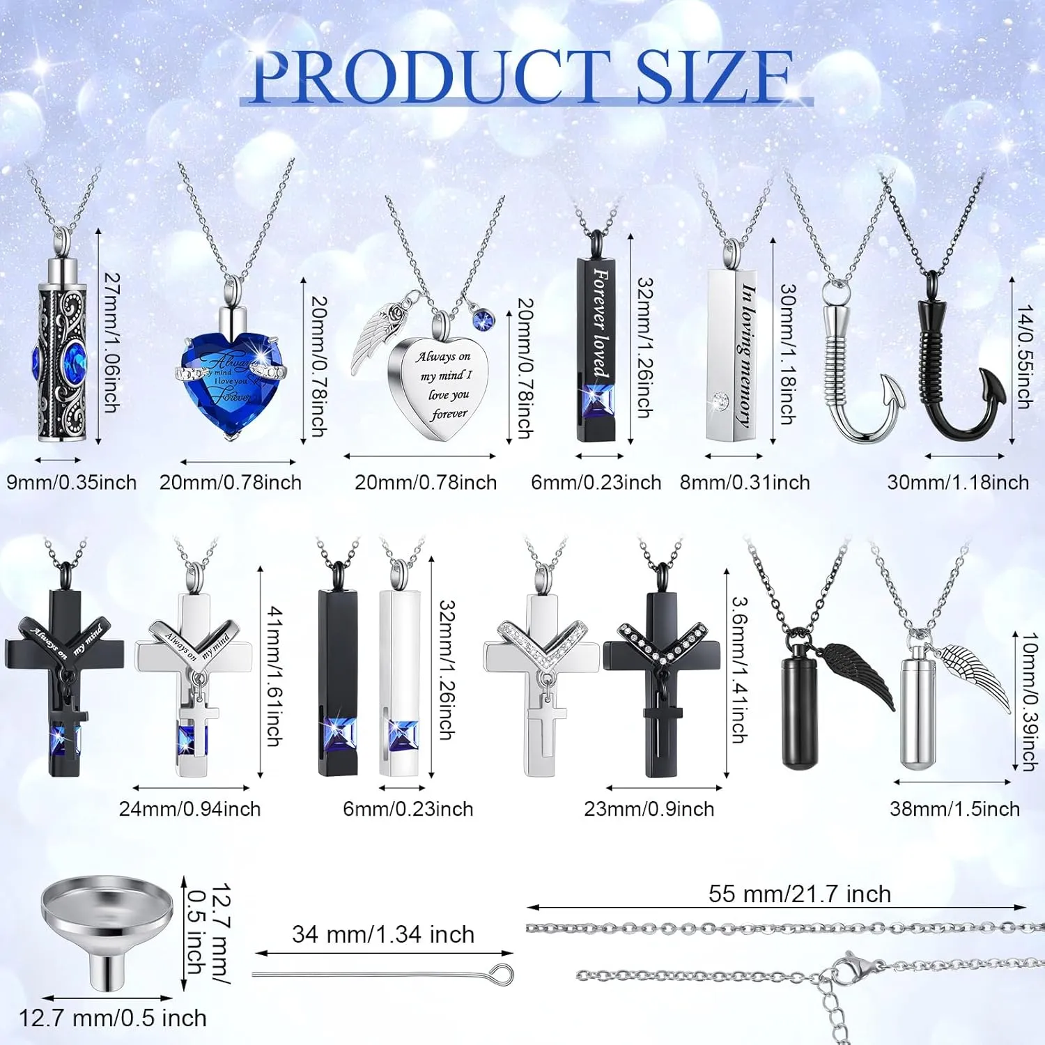 16 Pcs Urn Necklace for Ashes Waterproof Stainless Steel Carved Ashes Locket with 8 Filling Kit Heart Cylinder Cross Cubic Fish Hook Jewelry for Ashes with Wing Diamond for Men Women