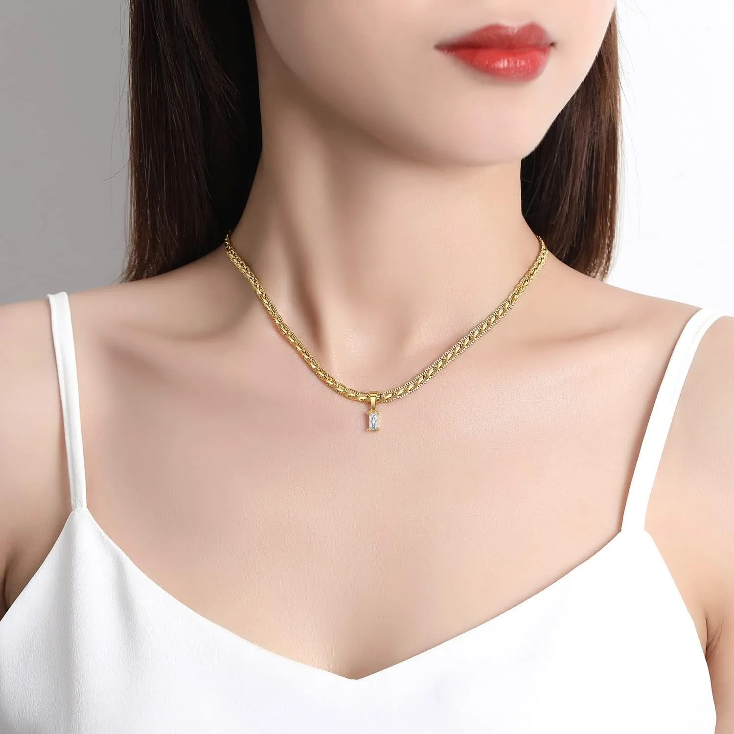 18K Gold Filled Vintage Choker Necklaces for Women Waterproof Gold Choker Necklace Anti Tarnish Gemstone Zircon Rectangle Pendant Necklace