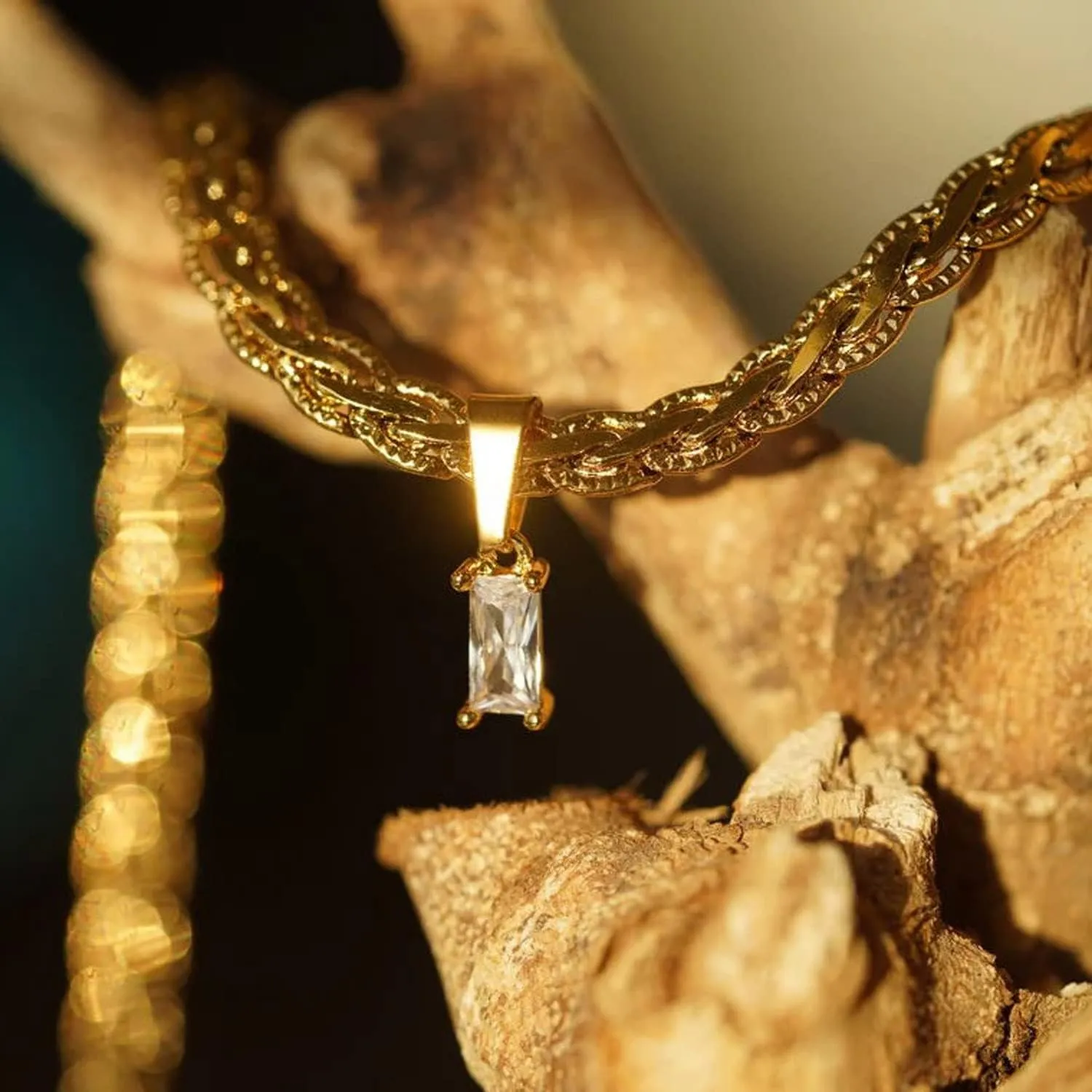 18K Gold Filled Vintage Choker Necklaces for Women Waterproof Gold Choker Necklace Anti Tarnish Gemstone Zircon Rectangle Pendant Necklace