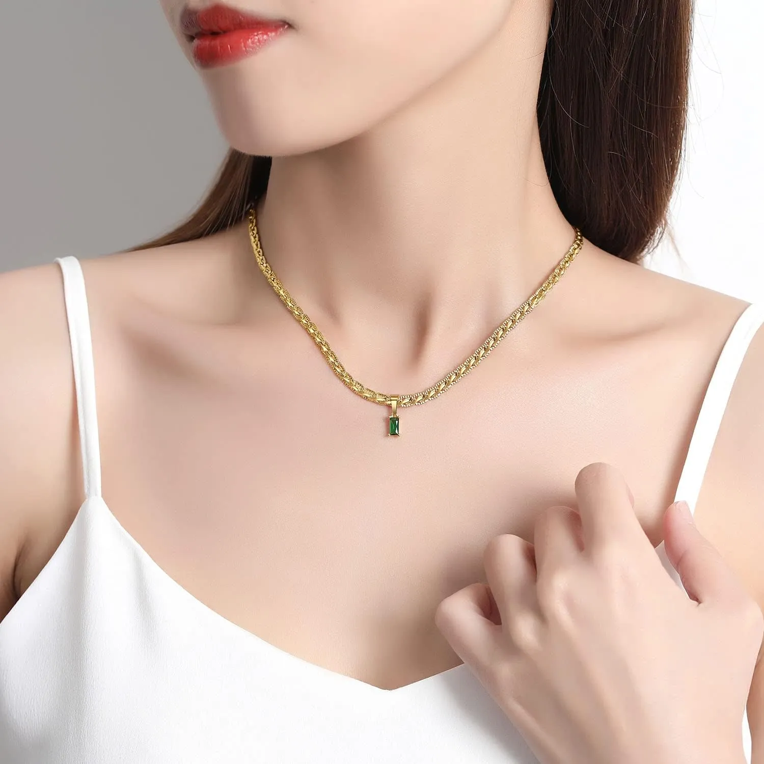 18K Gold Filled Vintage Choker Necklaces for Women Waterproof Gold Choker Necklace Anti Tarnish Gemstone Zircon Rectangle Pendant Necklace