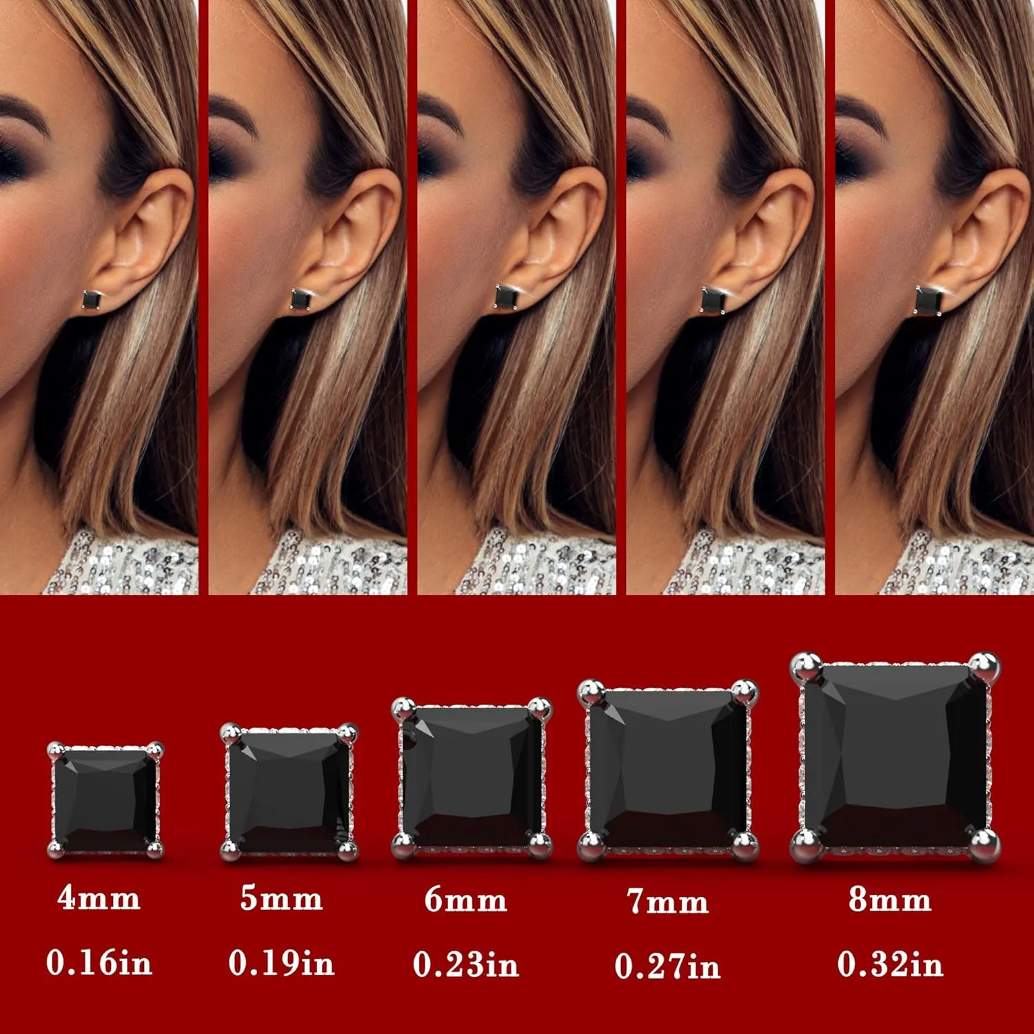 18K White Gold Plated Sterling Silver Princess Cut Cubic Zirconia Stud Earrings Square Simulated Diamond CZ Stud Earrings for Women Men Hypoallergenic