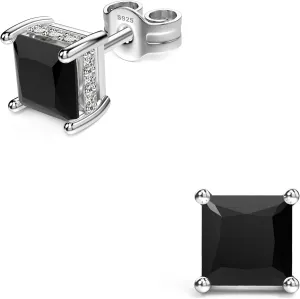 18K White Gold Plated Sterling Silver Princess Cut Cubic Zirconia Stud Earrings Square Simulated Diamond CZ Stud Earrings for Women Men Hypoallergenic