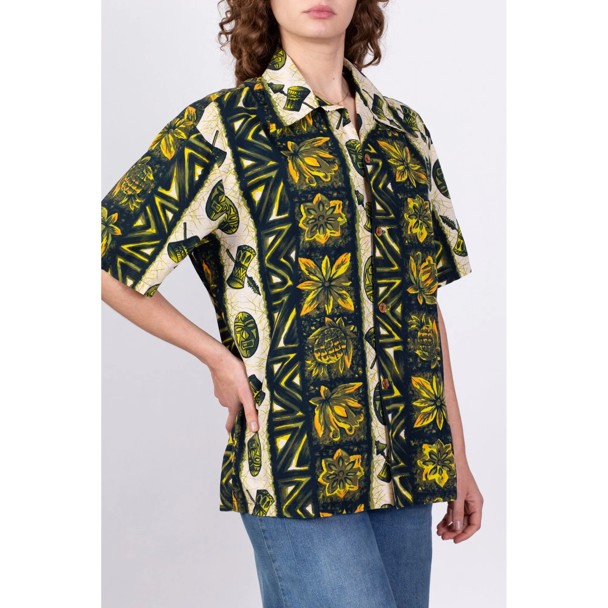 1960s Ui-Maikai Hawaiian Floral Tiki Shirt - Men's Large